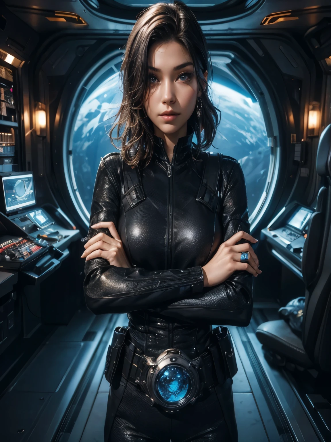 smile、Staring at the audience、Spaceman in space suit sitting in spaceship cockpit,wear spacesuits, Dressed in an astronaut costume, Cute girl in a tank top, girl in space, In space, Dressed in an astronaut costume, woman astronaut, Sitting on a chair with legs spread、