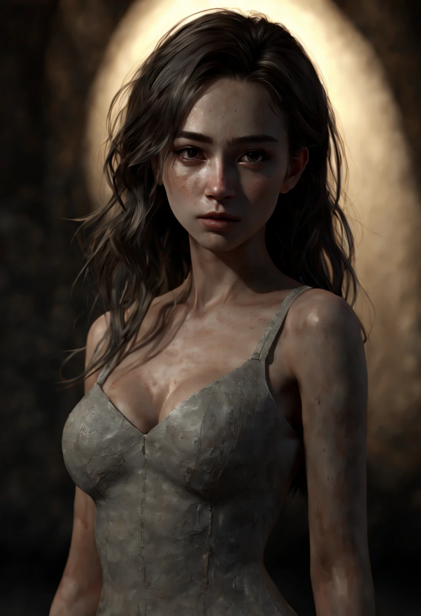 hyper real photo of ((woman inside a cluttered barn wearing sexy worn-out torn cotton tanktop)), ((detailed realistic face and eyes)), cinematic lighting, 8k resolution, (modelshoot style), sunset, (from_below:1.4), soft small nipples covered by (ripped torn cotton tanktop), natural breasts and black long hair
