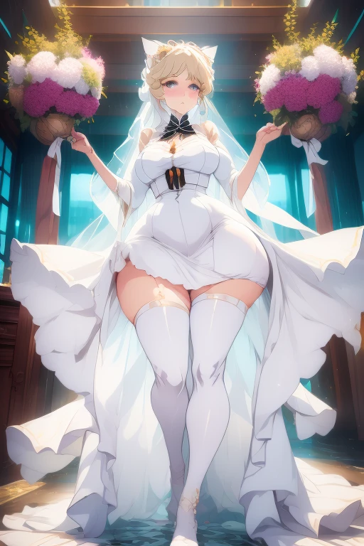 araffe in a white dress and stockings holding a bouquet, smooth white tight clothes suit, thicc, full length and white stockings, white silky outfit, clear curvy details, wedding dress, sexy gown, dressed in a beautiful white, in white clothes, wearing a wedding dress, cosplay of a catboy! maid! dress, captivating and enticing, cosplay