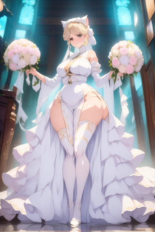 araffe in a white dress and stockings holding a bouquet, smooth white tight clothes suit, thicc, full length and white stockings, white silky outfit, clear curvy details, wedding dress, sexy gown, dressed in a beautiful white, in white clothes, wearing a wedding dress, cosplay of a catboy! maid! dress, captivating and enticing, cosplay