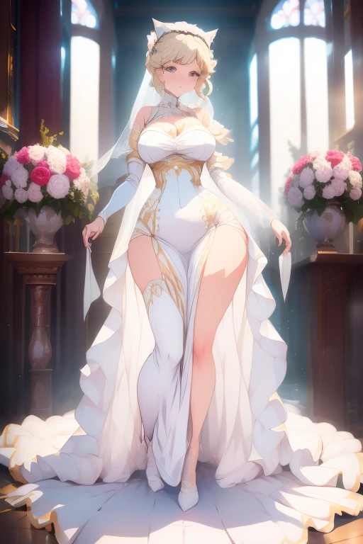 araffe in a white dress and stockings holding a bouquet, smooth white tight clothes suit, thicc, full length and white stockings, white silky outfit, clear curvy details, wedding dress, sexy gown, dressed in a beautiful white, in white clothes, wearing a wedding dress, cosplay of a catboy! maid! dress, captivating and enticing, cosplay