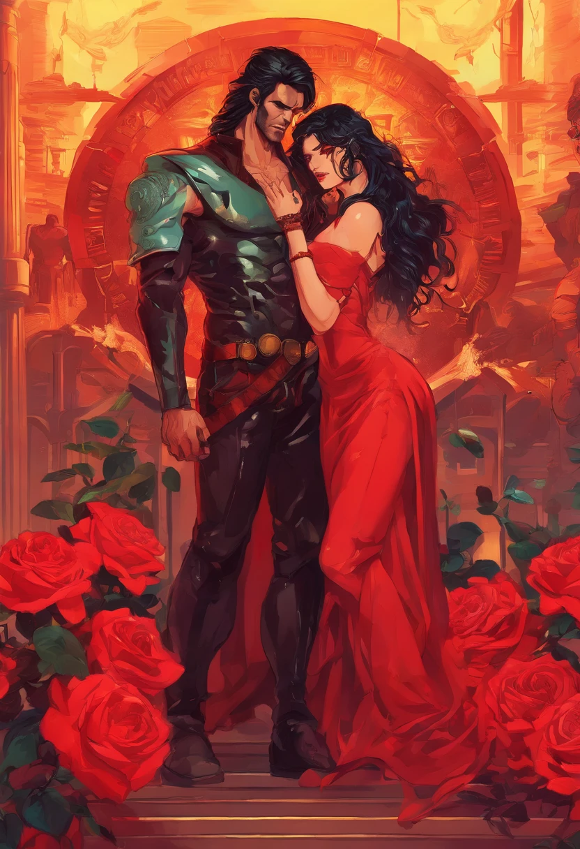 ((painting A man and a woman)), ((18 year old)), ((angels of death with perfect beauty, the most beautiful Gods)),((Gods of beauty, gods of grace)), long hair , ancient Greek clothes, clothes of the Gods, sexy and hot, semi-nude, ((Greek columns in the background)), ((floor covered in red roses)), power posture, Victorian Era ((bracelets on her arms and wrists)), rich clothes, ((sexy and sensual)), ((gods of extreme beauty seduction)), 32k Ultra, Ultra HD