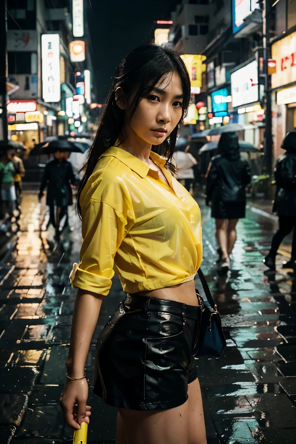 (masterpiece), (best quality:1.4),(cinematic shot,cinematic view), 1 chinese girl, 22 years old, rounded face, small wide eyes, lovely face, black very short hair, perfect figure, small breast, slim abs, ((in a yellow transparent raincoat and black tight leggings)), wet, rainy, solo, outdoors, walking by the night street, artifical neon light, modern chinese city, cyberpunk style, (looking at viewer:1.2), a deserted alley, night