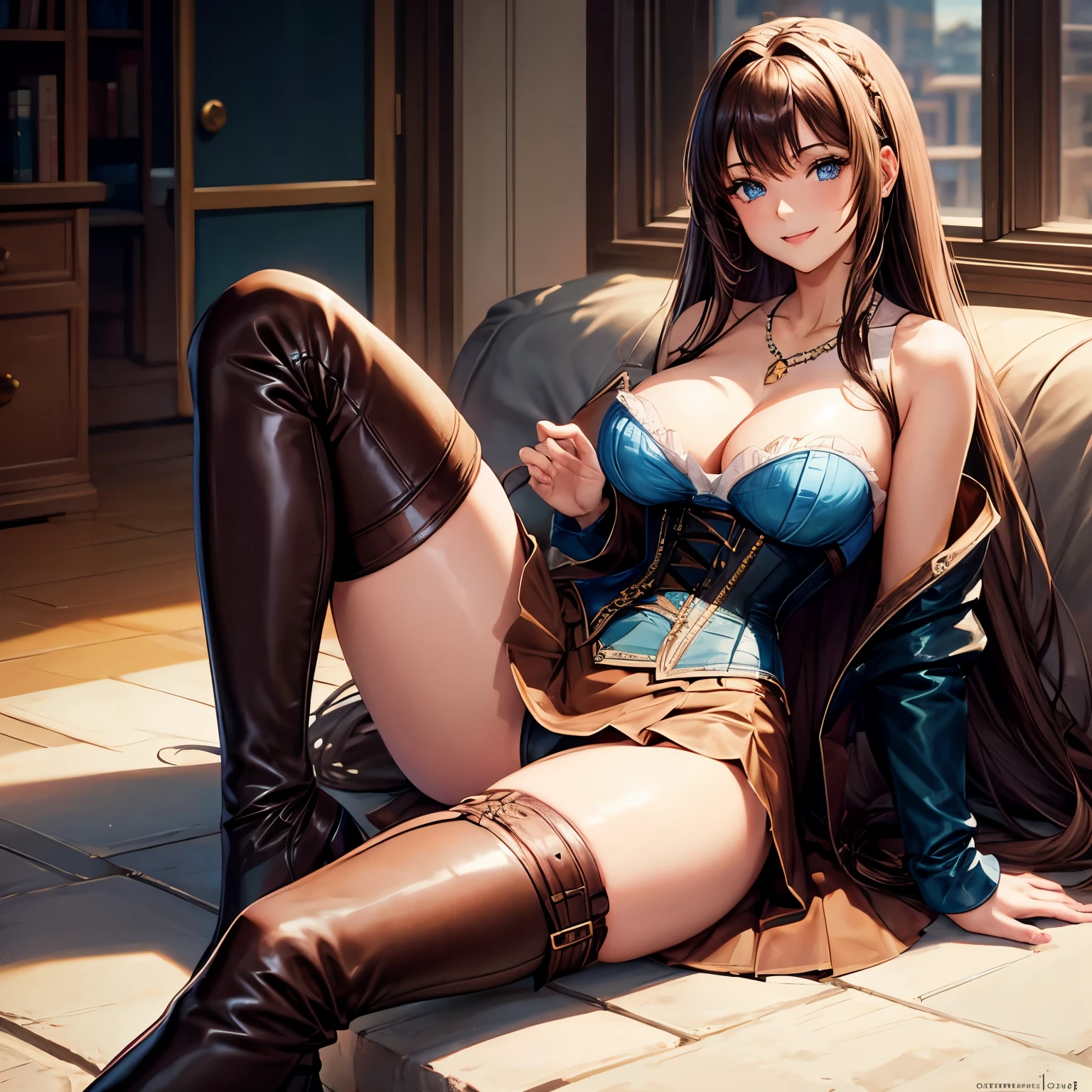 Corset top, loose brown skirt, long brunette hair, blue eyes, large breasts, sapphire necklace, thigh high boots, sitting, legs spread, smile