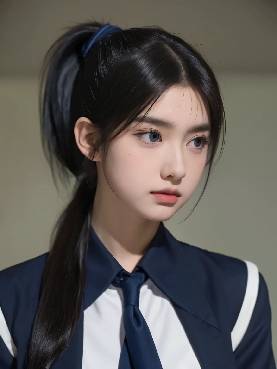 1 girl, alone, Laura Trumpet. Aceides (dark blue long hair, Ponytail and side bangs, small ), (Inspired by traces of cold steel) Wearing school uniform to show off her, At military schools, Awkward