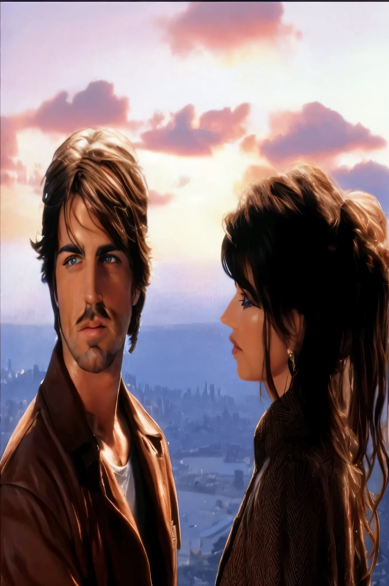 blue eyed faaris azura and penelope cruz standing next to each other, faaris aziura and penelope!!!, pink skies, dark beard faaris azura