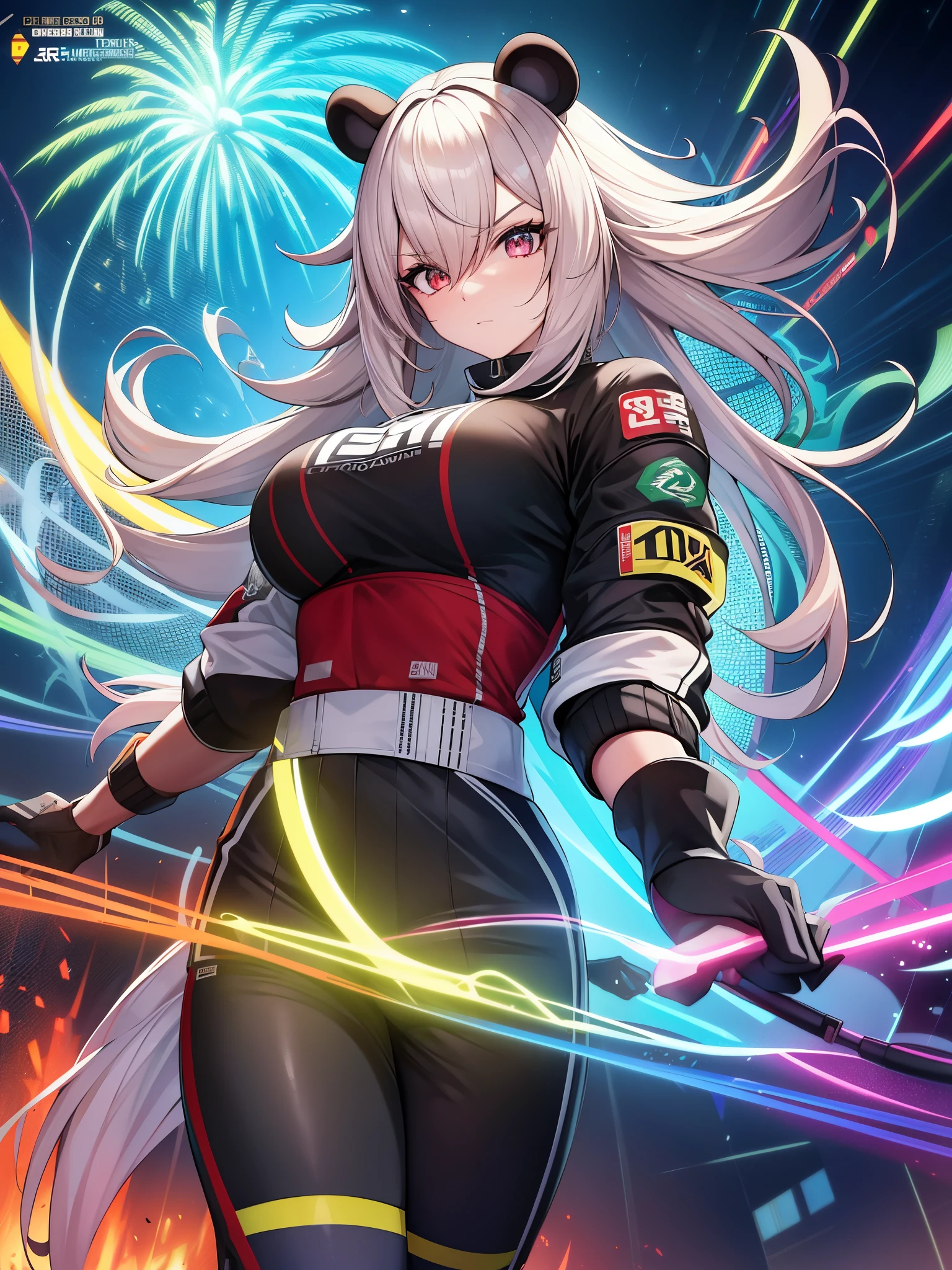 best quality,4k,8k,Altas,master part:1.2,ultra-detalhado,Realistic:1.37,anime,illustration,arte conceitual,cores neon,Contraste forte,material de couro,metallic finish,vibrant lighting,Postura agressiva,Strong muscle definition,Garras afiadas,Mascote do panda gerado por IA,olhar intenso,fundo arenoso,urban backdrop,linhas de movimento,Energy effects,poder explosivo,Agilidade sobre-humana,linhas de velocidade,fierce expression,ondas sonoras estrondosas,Slogans do jogador,Team Name Integration,Esports Championship Trophy,fireworks,Epic battle atmosphere