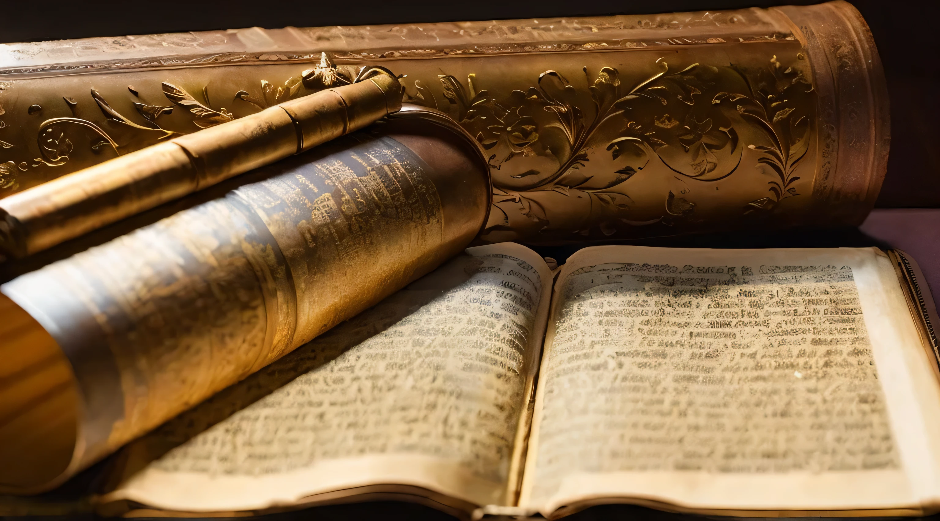 Ancient Israel、t century、(((old scroll with hebrew written on it)))、(((open scroll)))、(((bible manuscripts)))、In 8K、Live shooting、highest quality、masterpiece:1.5、ultra-lightweighthigh-resolution、photogenuineistic:1.5、cinematic light、soft volume lighting:1.5、genuine、photogenuineistic:1、be familiar withな皮膚、professional lighting、photograph、sharp focus、be familiar with、professional lighting、photon mapping、be familiar withで複雑な環境、非常にbe familiar with、highest quality、美術的なphotograph、photogenuineisticなコンセプトアート、Cinematic perfect light with soft natural volume、mid journey、be familiar withな手、