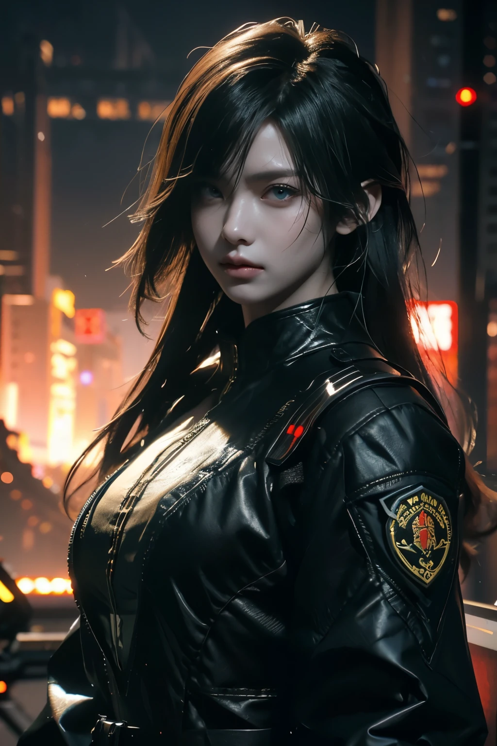Game art,The best picture quality,Highest resolution,8K,((A bust photograph)),((Portrait)),(Rule of thirds),Unreal Engine 5 rendering works, (The Girl of the Future),(Female Warrior),22岁少女,(Long hair casual),(Future-style military wear,A beautiful eye full of detail),(Big breasts),(Eye shadow),优雅迷人,微笑,(皱眉),(Battle suits of the future,Features of Cyberpunk Fighter Clothing,Joint Armor,The dress has a fine pattern and badge,Red and blue),赛博朋克人物,未来风格, 拍照姿势,野外背景,Movie lights,Ray tracing,Game CG,((3D Unreal Engine)),oc渲染反射纹