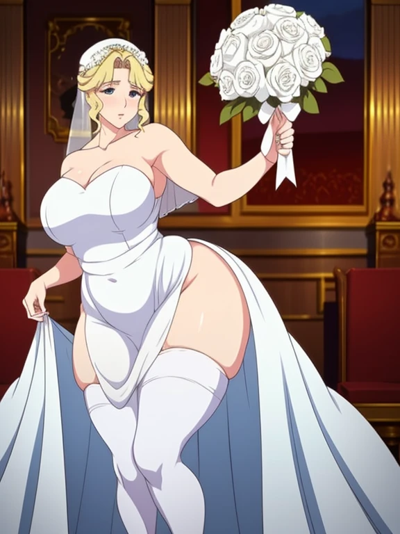 araffe in a white dress and stockings holding a bouquet, a photorealistic painting inspired by Ayami Kojima, tumblr, renaissance, smooth white tight clothes suit, thicc, full length and white stockings, white silky outfit, clear curvy details, wedding dress, sexy gown, dressed in a beautiful white, wearing a wedding dress, in white clothes