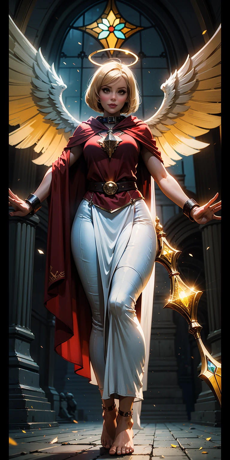 low angle, from below, paladin templar lady in white tabard, legwear, glowing yellow eyes, collar, golden chainmail, wide hips, barefoot, angel wings, pauldrons, halo, bob cut, blonde, eye focus, red cape, temple indoors, decorations, stained glass windows, night, particles, chromatic aberration, detailed, cinematic, dark scene, fantasy
