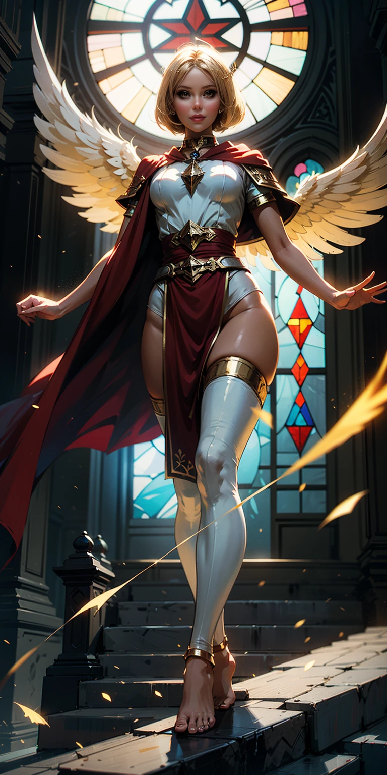 low angle, from below, paladin templar lady in white tabard, legwear, glowing yellow eyes, collar, golden chainmail, wide hips, barefoot, angel wings, pauldrons, halo, bob cut, blonde, eye focus, red cape, temple indoors, decorations, stained glass windows, night, particles, chromatic aberration, detailed, cinematic, dark scene, fantasy
