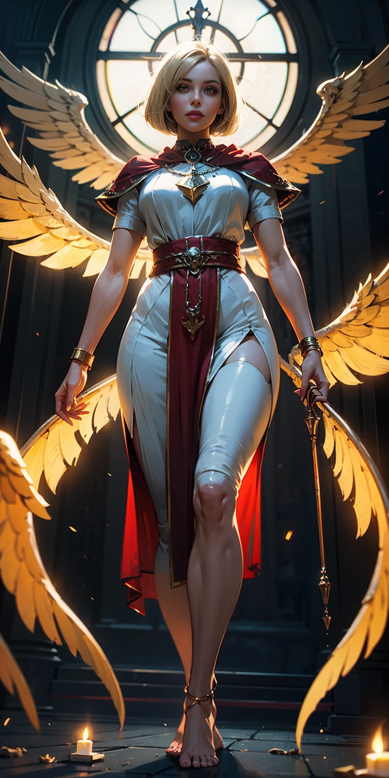 low angle, from below, paladin templar lady in white tabard, legwear, glowing yellow eyes, collar, golden chainmail, wide hips, barefoot, angel wings, pauldrons, halo, bob cut, blonde, eye focus, red cape, temple indoors, decorations, stained glass windows, night, particles, chromatic aberration, detailed, cinematic, dark scene, fantasy
