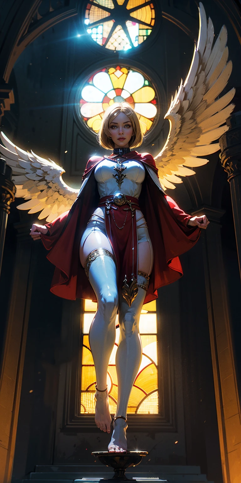 low angle, from below, paladin templar lady in white tabard, legwear, glowing yellow eyes, collar, golden chainmail, wide hips, barefoot, angel wings, pauldrons, halo, bob cut, blonde, eye focus, red cape, temple indoors, decorations, stained glass windows, night, particles, chromatic aberration, detailed, cinematic, dark scene, fantasy
