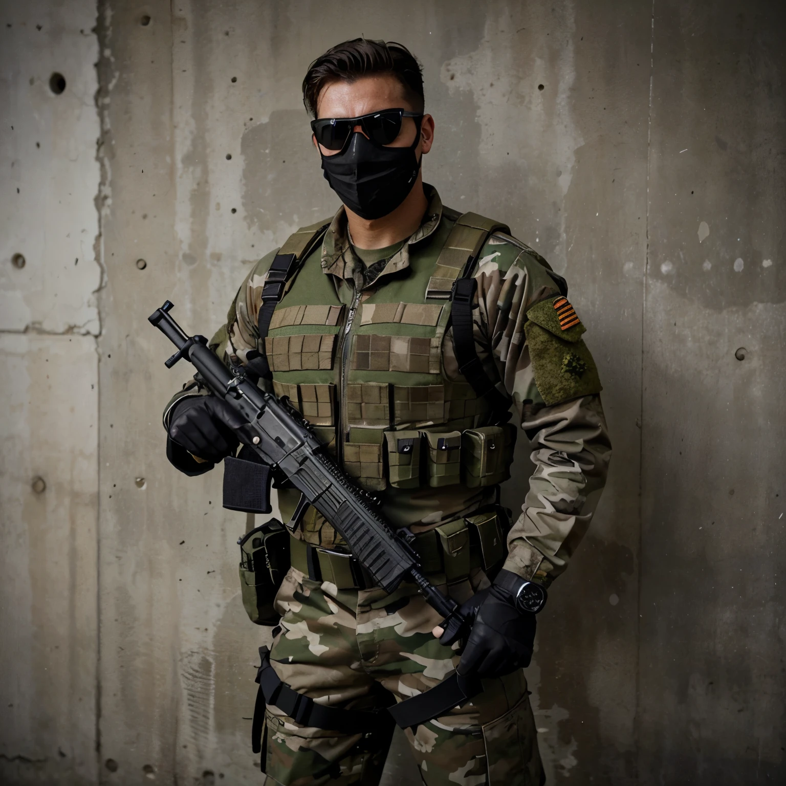 commando，male，military uniform，I have a lot of equipment on me，whole body，Get a gun，Bring goggles，Bring a mask，There are muscles，whole body，lower body