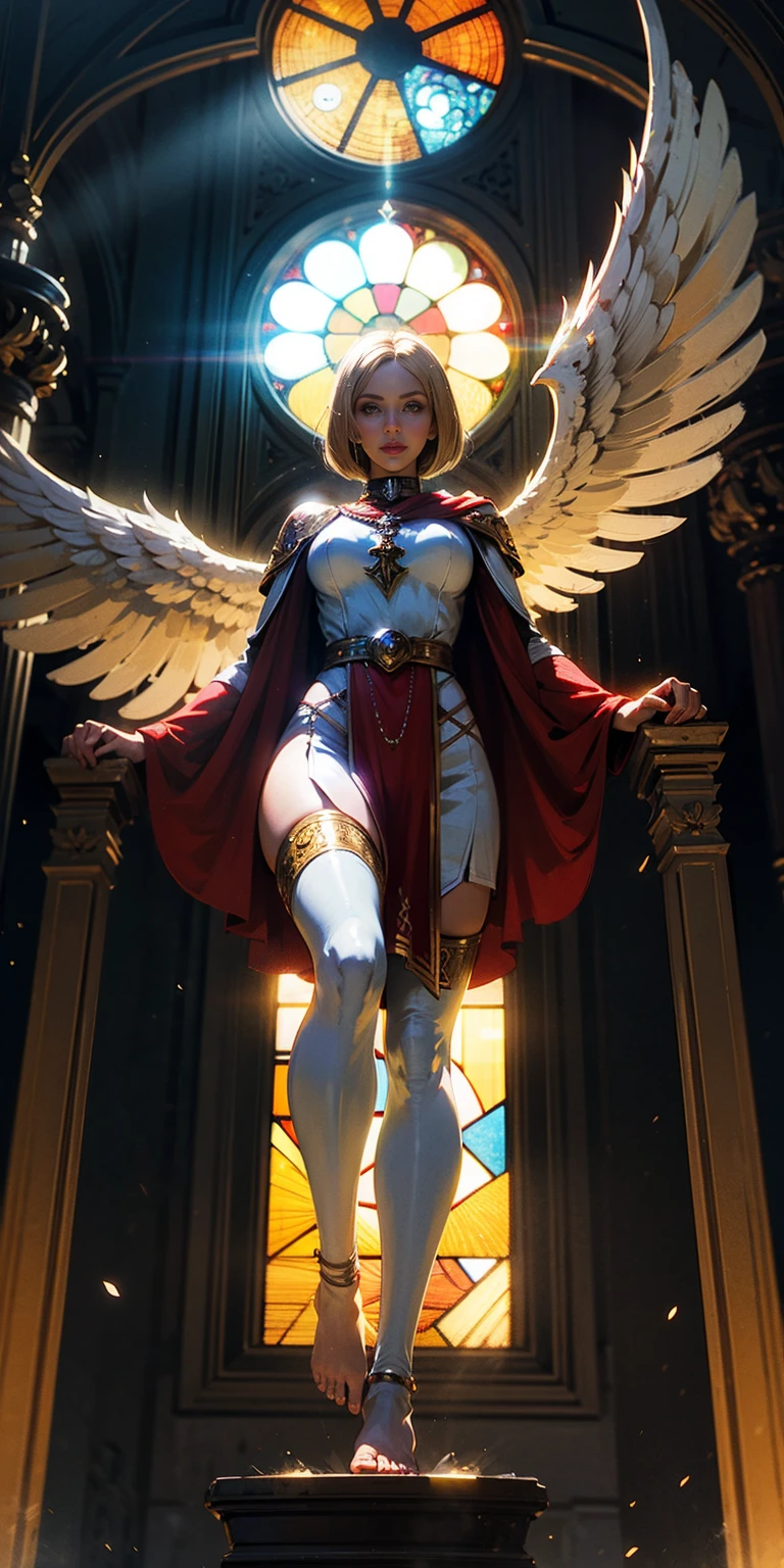 low angle, from below, paladin templar lady in white tabard, legwear, glowing yellow eyes, collar, golden chainmail, wide hips, barefoot, angel wings, pauldrons, halo, bob cut, blonde, eye focus, red cape, temple indoors, decorations, stained glass windows, night, particles, chromatic aberration, detailed, cinematic, dark scene, fantasy