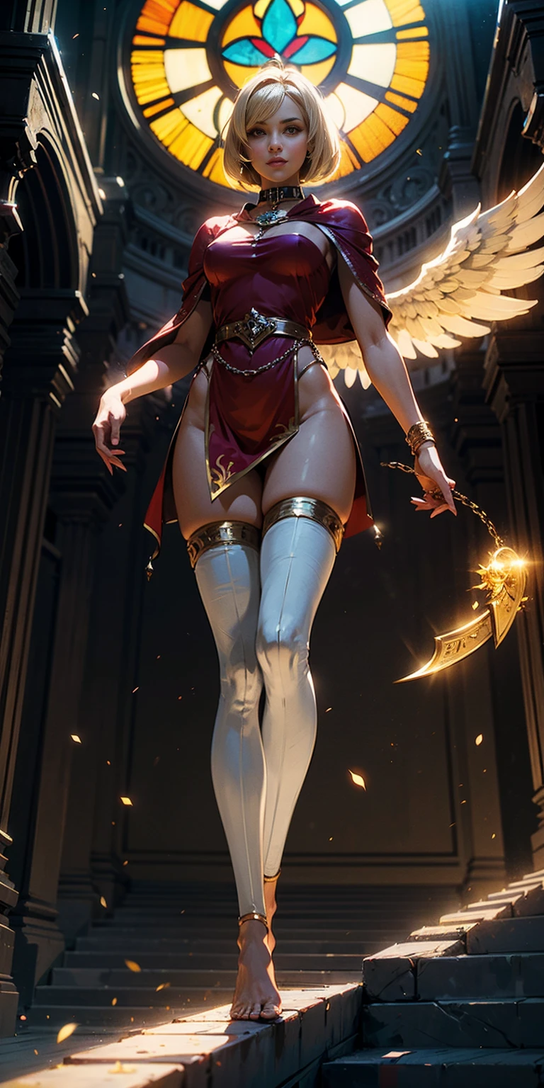 low angle, from below, paladin templar lady in white tabard, legwear, glowing yellow eyes, collar, golden chainmail, wide hips, barefoot, angel wings, pauldrons, halo, bob cut, blonde, eye focus, red cape, temple indoors, decorations, stained glass windows, night, particles, chromatic aberration, detailed, cinematic, dark scene, fantasy