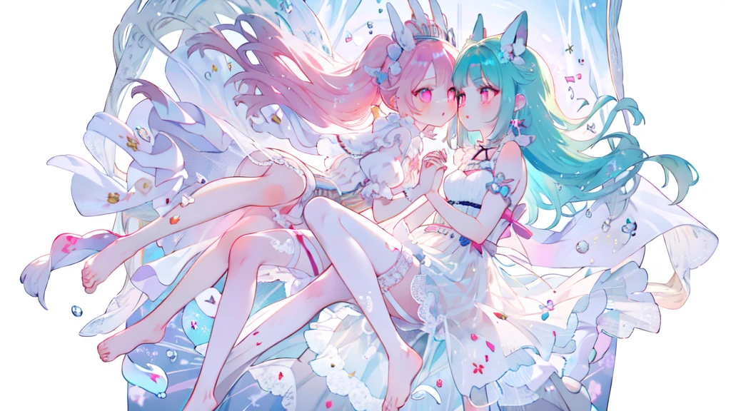 （Kiss on the lips:1.1），Pale pink pupils，Transparent pink garter stockings，whole body，barefoot，lace，masterpiece, kawaiitech，(2girls:1.1),(holding hands:1.1)，Whole body，pastel colors，Soft contrast，fair skin，The skin is delicate and shiny，