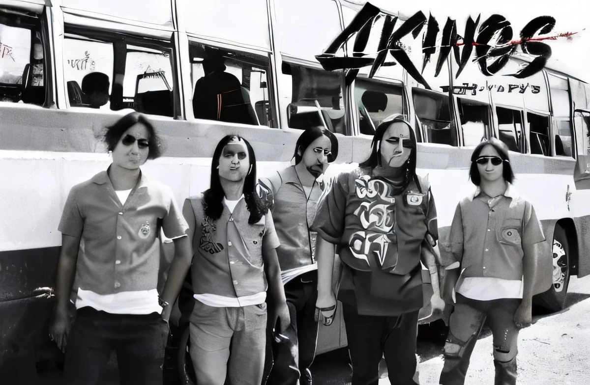Arafed image of a group of people standing in front of a bus.., brightness spray, 19xx :2 Akira movie style : 8, Akira moto, tekkon kinreet, band promotion photo, heavy rock band promotion photo, saliva, Akira vibes, Akiman, Akira, band promotion, akiyuki shinbou