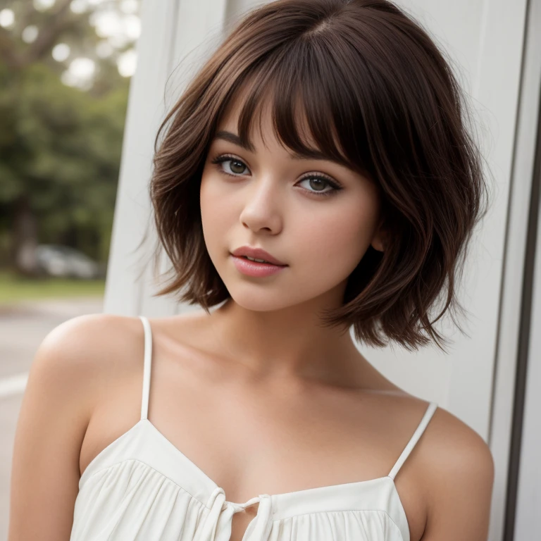 a close up of a woman with a cabello cortocut wearing a white dress, Retrato de Sophie Mudd, Short brown hair and large eyes, cabello corto, with cabello corto, con un corte bob, hermosa modelo femenina, muy bonita modelo, hermosa chica modelo, hermosa chica modelo, cabello cortocut, foto de una mujer hermosa, Bob French, natural cabello corto, Short brown hair