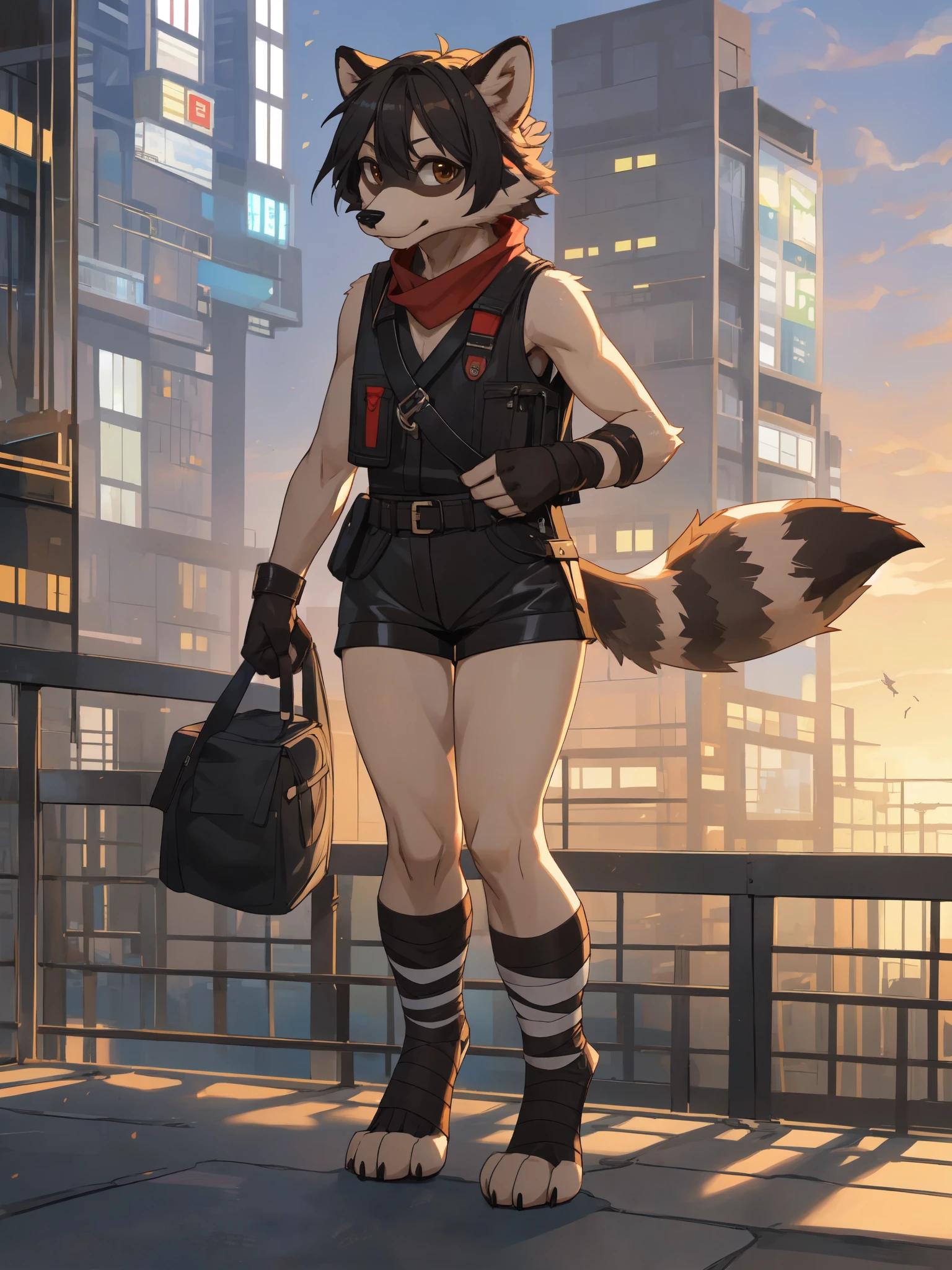By gudlmok99, by hioshiru, solo, ((snout, ears)), female raccoon girl, short black messy hair, brown eyes, raccoon tail, cute snout, black nose, tall slender body, thick thighs, black sleeveless leather vest, red bandana around neck, black fingerless gloves, dirty fur, black leather shorts, barefoot, beautiful feet, feet wrapped in bandages, foot wraps, feet paws, 4 toes, black claws, wearing a messenger bag, standing on the edge of a high rooftop, looking cute, in a large industrial city