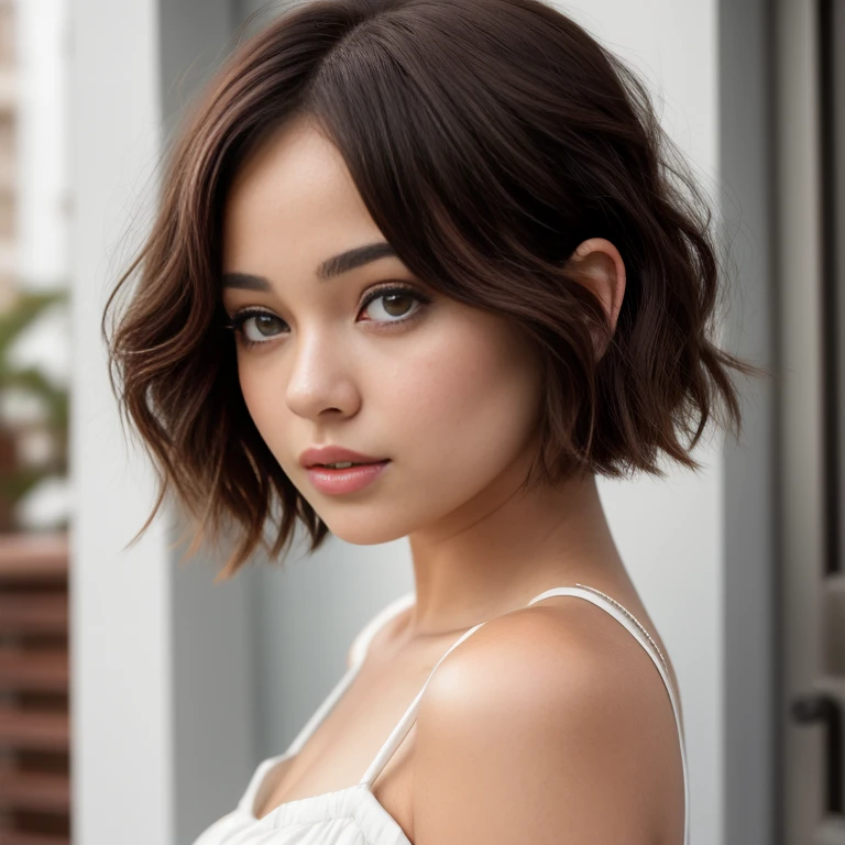 a close up of a woman with a cabello cortocut wearing a white dress, Retrato de Sophie Mudd, Short brown hair and large eyes, cabello corto, with cabello corto, con un corte bob, hermosa modelo femenina, muy bonita modelo, hermosa chica modelo, hermosa chica modelo, cabello cortocut, foto de una mujer hermosa, Bob French, natural cabello corto, Short brown hair