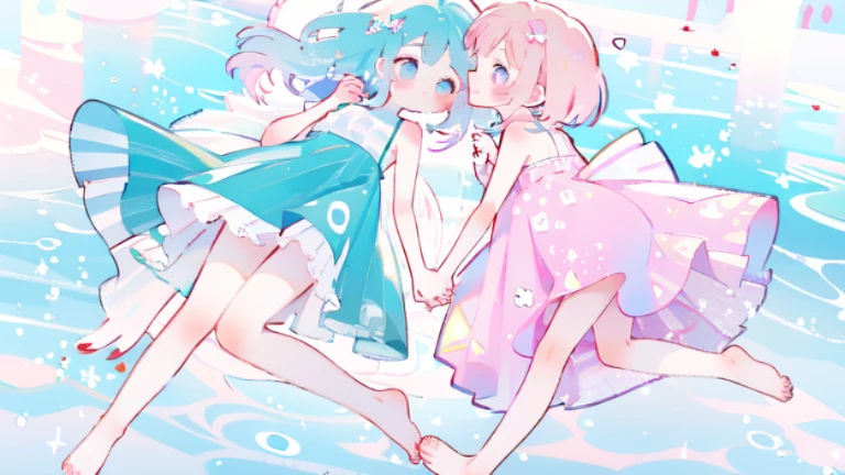 (Kiss on the lips:1.1),Pale pink pupils,Blue bandeau dress,whole body,barefoot,lace,masterpiece, kawaiitech,(2girls:1.1),(holding hands:1.1),Whole body,pastel colors,Soft contrast,fair skin,The skin is delicate and shiny,