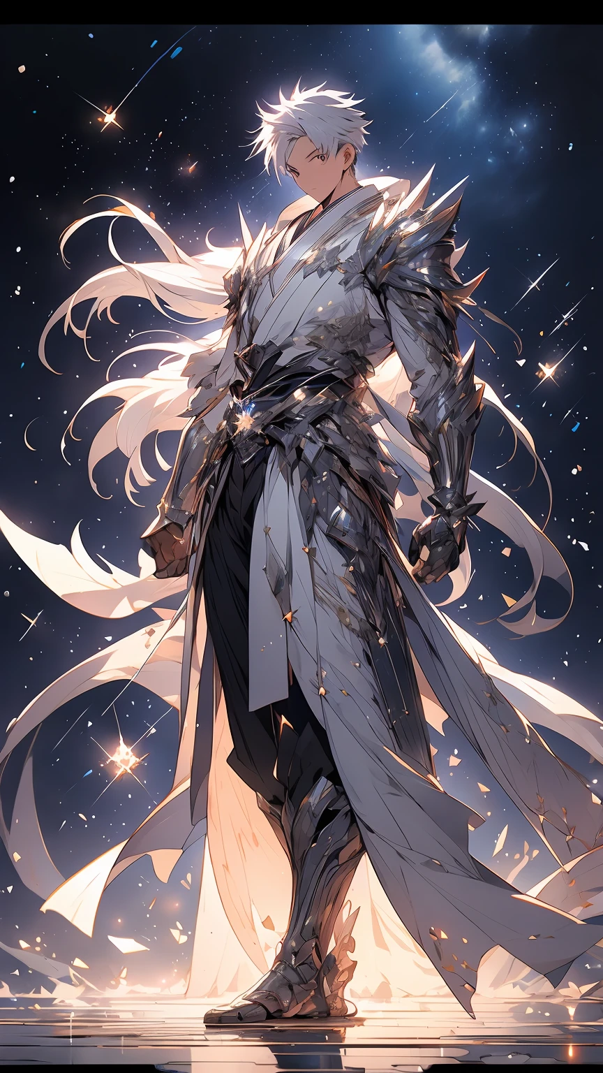 Japanese anime, boy, alone, silver white hair, white glass shards, crystallization, night sky, winter night, starry sky, shooting star crossing, solo, silence, rendering, best quality, masterpiece, full body, particle light effects, rendering