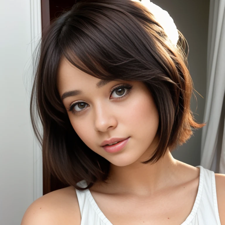 a close up of a woman with a cabello cortocut wearing a white dress, Retrato de Sophie Mudd, Short brown hair and large eyes, cabello corto, with cabello corto, con un corte bob, hermosa modelo femenina, muy bonita modelo, hermosa chica modelo, hermosa chica modelo, cabello cortocut, foto de una mujer hermosa, Bob French, natural cabello corto, Short brown hair
