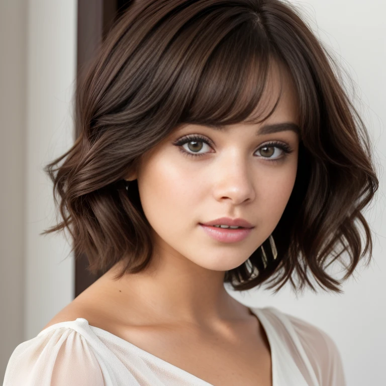 a close up of a woman with a cabello cortocut wearing a white dress, Retrato de Sophie Mudd, Short brown hair and large eyes, cabello corto, with cabello corto, con un corte bob, hermosa modelo femenina, muy bonita modelo, hermosa chica modelo, hermosa chica modelo, cabello cortocut, foto de una mujer hermosa, Bob French, natural cabello corto, Short brown hair