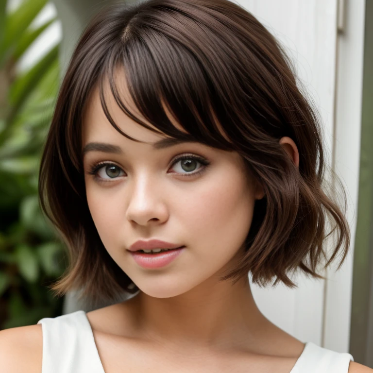 a close up of a woman with a cabello cortocut wearing a white dress, Retrato de Sophie Mudd, Short brown hair and large eyes, cabello corto, with cabello corto, con un corte bob, hermosa modelo femenina, muy bonita modelo, hermosa chica modelo, hermosa chica modelo, cabello cortocut, foto de una mujer hermosa, Bob French, natural cabello corto, Short brown hair