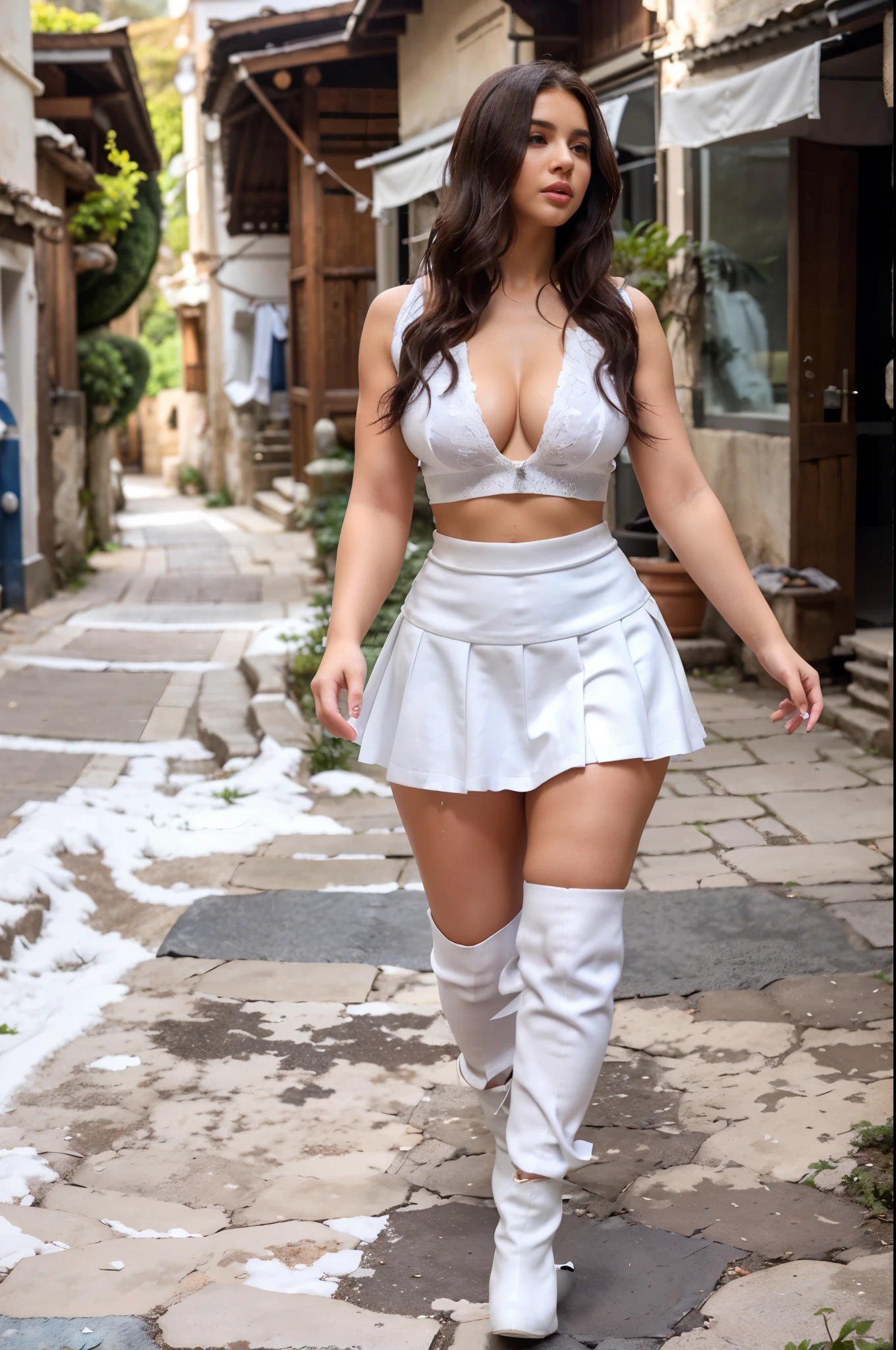 araffe wearing a white skirt and a blue top walking down a path, white skirt and barechest, wearing white skirt, white miniskirt, demi rose, gorgeous female jade tailor, very sexy outfit, curvy model, wearing crop top and miniskirt, wearing a camisole and boots, brunette, wearing a wet white short dress