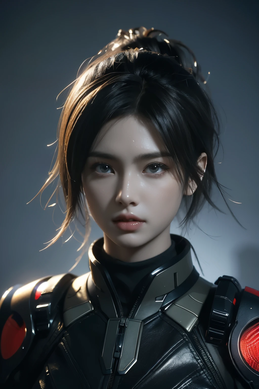 Game art，The best picture quality，Highest resolution，8K，((A bust photograph))，((Portrait))，(Rule of thirds)，Unreal Engine 5 rendering works， (The Girl of the Future)，(Female Warrior)，22岁少女，(Long hair casual)，(Future-style military wear，A beautiful eye full of detail)，(Big breasts)，(Eye shadow)，优雅迷人，微笑，(皱眉)，(Battle suits of the future，Features of Cyberpunk Fighter Clothing，Joint Armor，The dress has a fine pattern and badge，Red and blue)，赛博朋克人物，未来风格， 拍照姿势，野外背景，Movie lights，Ray tracing，Game CG，((3D Unreal Engine))，oc渲染反射纹