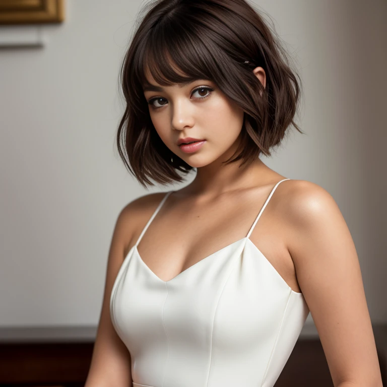 a close up of a woman with a cabello cortocut wearing a white dress, Retrato de Sophie Mudd, Short brown hair and large eyes, cabello corto, with cabello corto, con un corte bob, hermosa modelo femenina, muy bonita modelo, hermosa chica modelo, hermosa chica modelo, cabello cortocut, foto de una mujer hermosa, Bob French, natural cabello corto, Short brown hair