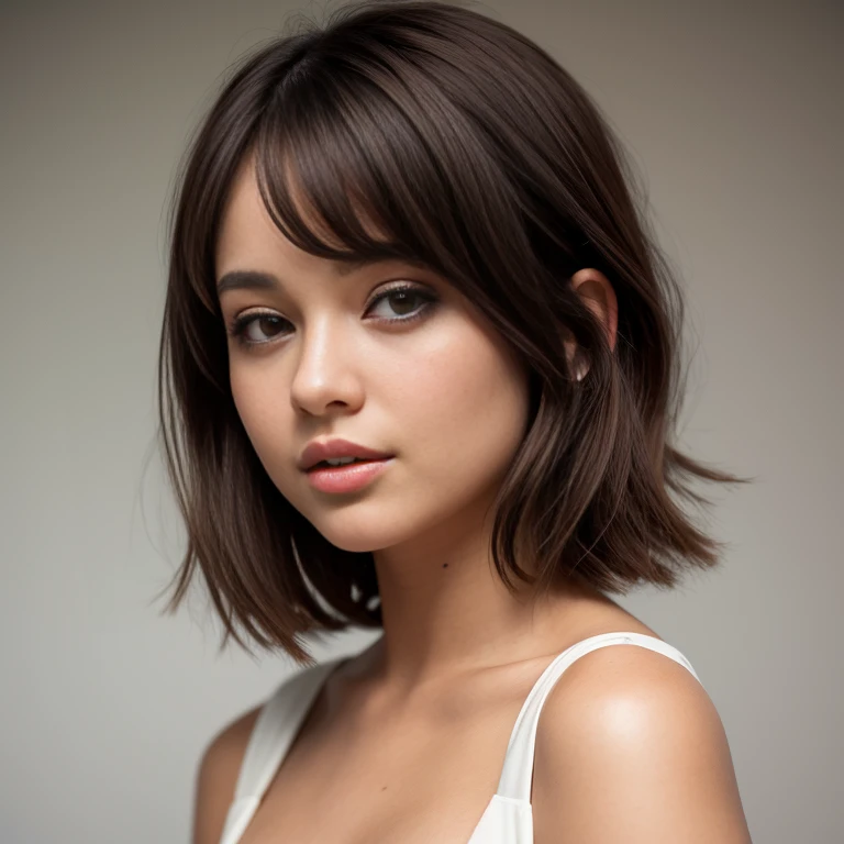 a close up of a woman with a cabello cortocut wearing a white dress, Retrato de Sophie Mudd, Short brown hair and large eyes, cabello corto, with cabello corto, con un corte bob, hermosa modelo femenina, muy bonita modelo, hermosa chica modelo, hermosa chica modelo, cabello cortocut, foto de una mujer hermosa, Bob French, natural cabello corto, Short brown hair