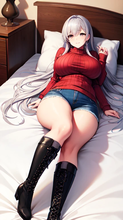 5 foot 5 inch beautiful anime girl, (wearing a sweater, blue jeans, knee high lace up boots), (straight long silver hair), thick thighs, large breasts, cute, full body image, masterpiece, Quality faces, quality image, lying down on bed, bedroom,