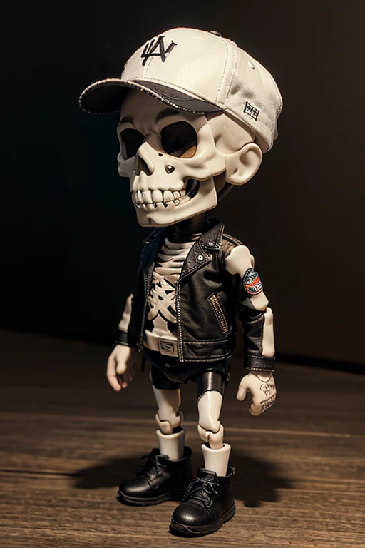 A realistic design of a vinyl toy of a skeleton wearing a scally cap and a leather jacket