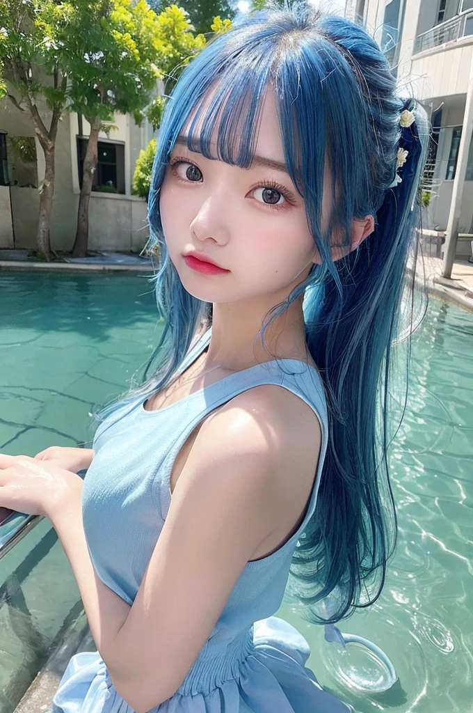 (masterpiece), (highest quality), (Super detailed),(messy hair),(figure), (1 girl), (fashionable clothes), Are standing, Fashion Model, looking at the viewer, (face to face), ( background),beautiful and fine eyes, delicate and beautiful features, floating,(high color saturation),(colorful water splash),colorful bubble,(shining), focus on face, ponytail, kamisato ayaka, light blue hair, bangs, hair ring, floating flowers, floating hair, (shining), best lighting, best shadow,