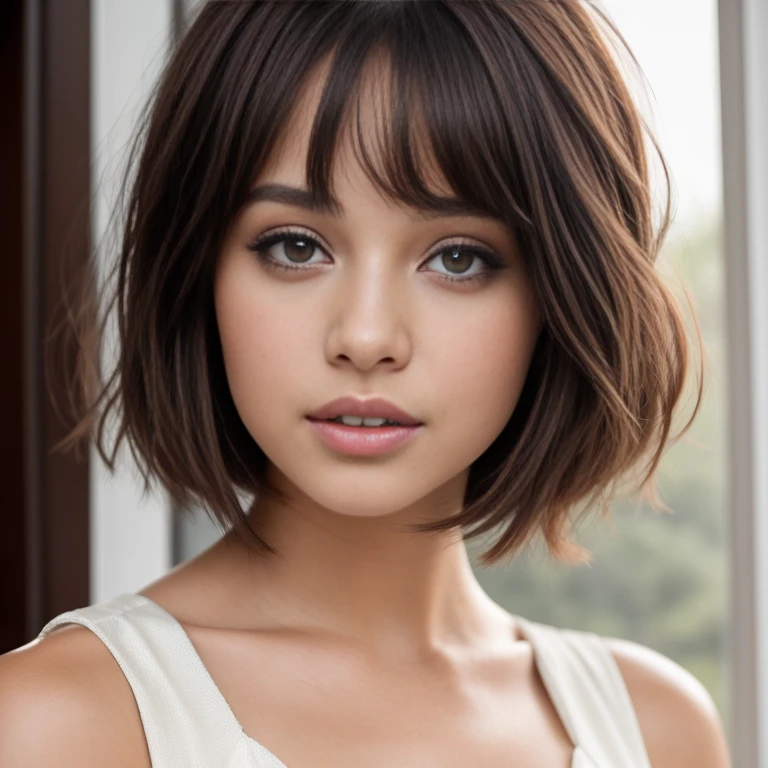 a close up of a woman with a cabello cortocut wearing a white dress, Retrato de Sophie Mudd, Short brown hair and large eyes, cabello corto, with cabello corto, con un corte bob, hermosa modelo femenina, muy bonita modelo, hermosa chica modelo, hermosa chica modelo, cabello cortocut, foto de una mujer hermosa, Bob French, natural cabello corto, Short brown hair