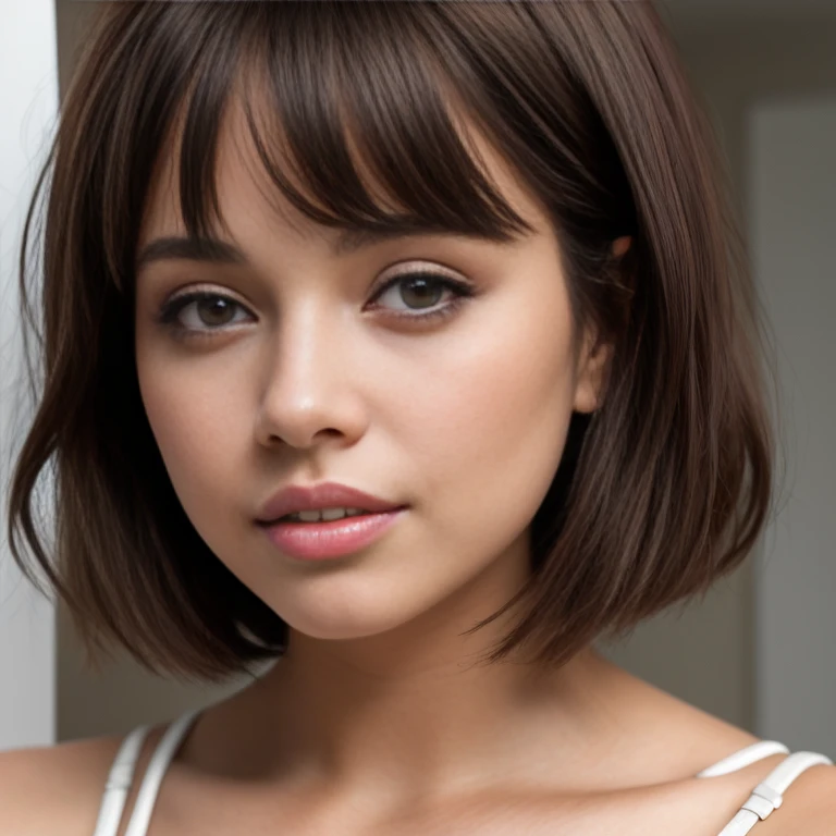 a close up of a woman with a cabello cortocut wearing a white dress, Retrato de Sophie Mudd, Short brown hair and large eyes, cabello corto, with cabello corto, con un corte bob, hermosa modelo femenina, muy bonita modelo, hermosa chica modelo, hermosa chica modelo, cabello cortocut, foto de una mujer hermosa, Bob French, natural cabello corto, Short brown hair