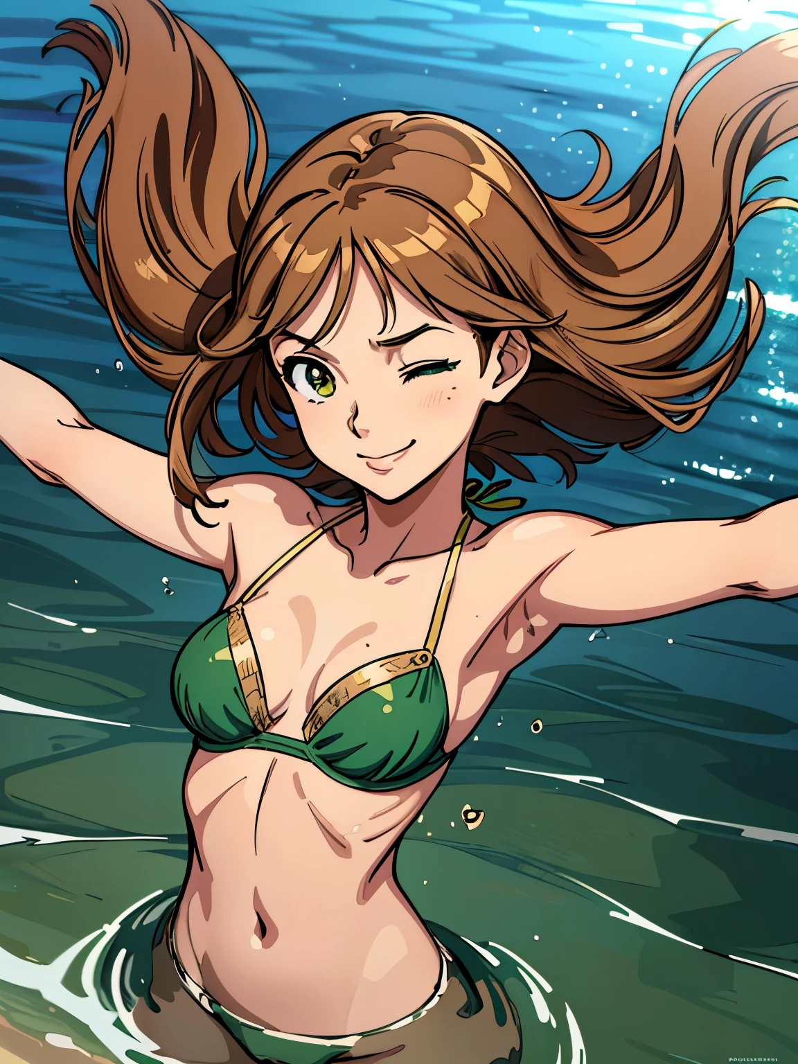 masterpiece, best quality, ultra detailed, 1girl, solo, flat color, cel shading, solid outline, ultra detailed face, beaming smile, (spread arms:1.4), floating in the lake, dappled sunlight, light brown medium hair, (one eye closed:1.3), (medium breasts:1.5), under breasts, wearing green bikini with gold embroidery, splashing water