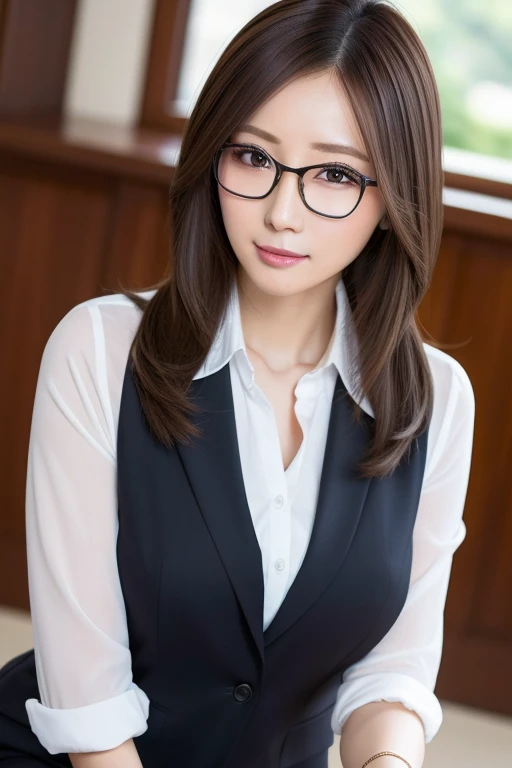 masutepiece, Best Quality, Raw photo, Ultra-detailed, finely detail, hight resolution, 8K Wallpaper, Perfect dynamic composition, Beautiful detailed eyes, Business Suit, Natural Lip,Slender and big , Natural hair,Hair put together、 eye glasses