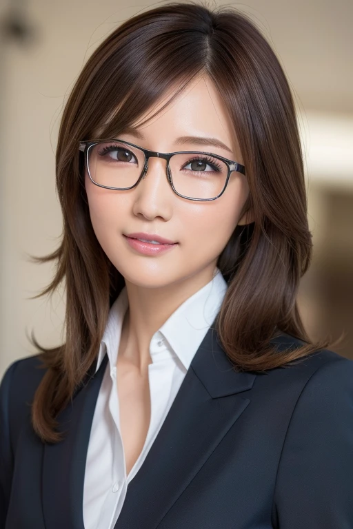 masutepiece, Best Quality, Raw photo, Ultra-detailed, finely detail, hight resolution, 8K Wallpaper, Perfect dynamic composition, Beautiful detailed eyes, Business Suit, Natural Lip,Slender and big , Natural hair,Hair put together、 eye glasses