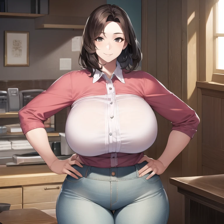 ((masterpiece)), ((best quality)), (ultra-detailed), (realistic), beautiful face, detailed hands, expressive eyes, 1girl, solo, mature female, milf, motherly, huge breasts, narrow waist, wide hips, curvy, straight hair, short hair, brown hair, hazel eyes, collared shirt, denim, jeans, undersized clothes, standing, smile, hands on hips, looking at viewer, indoors