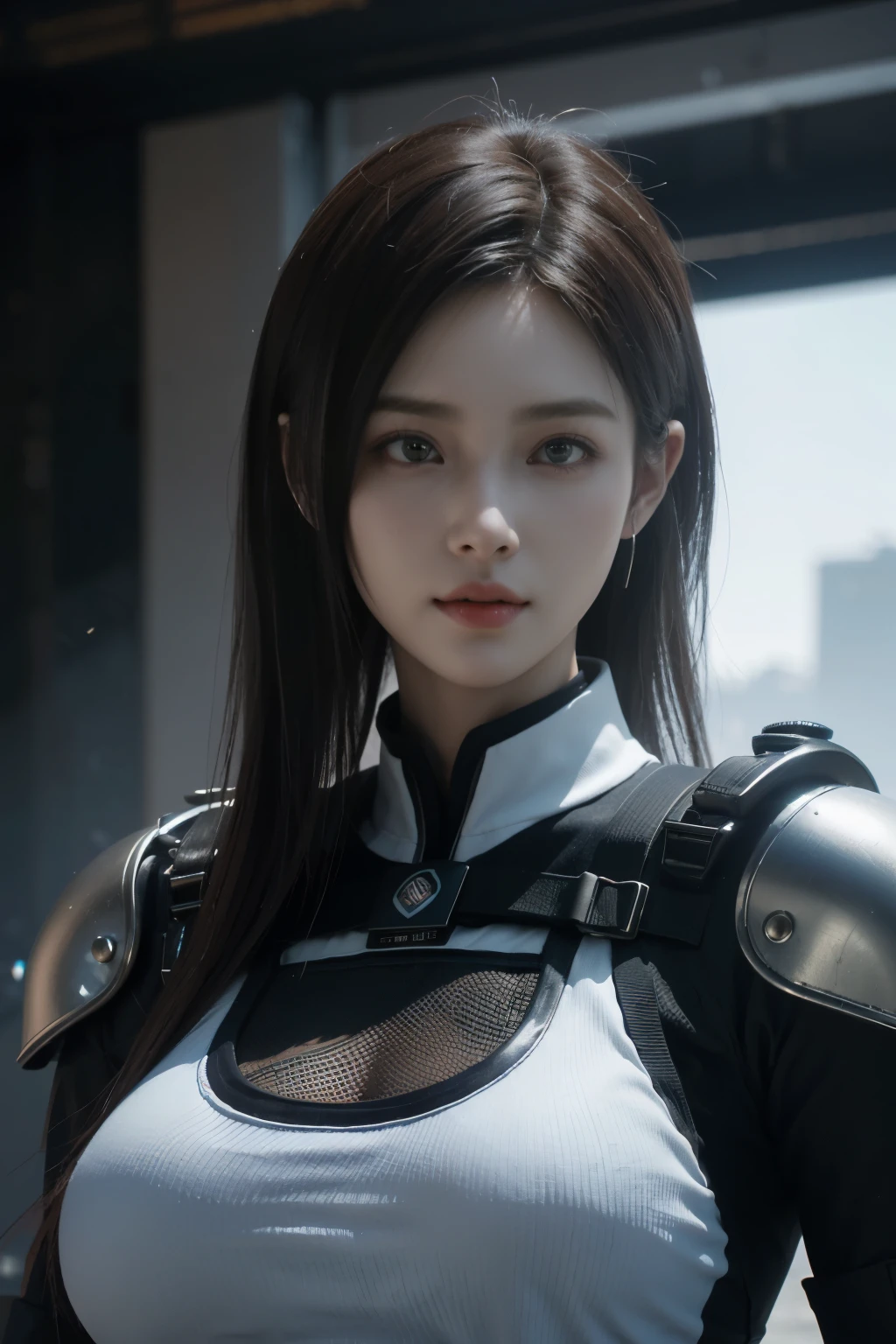 Game art，The best picture quality，Highest resolution，8K，((A bust photograph))，((Portrait))，(Rule of thirds)，Unreal Engine 5 rendering works， (The Girl of the Future)，(Female Warrior)，22岁少女，(Long hair casual)，(Future-style military wear，A beautiful eye full of detail)，(Big breasts)，(Eye shadow)，优雅迷人，微笑，(皱眉)，(Battle suits of the future，Features of Cyberpunk Fighter Clothing，Joint Armor，The dress has a fine pattern and badge，Red and blue)，赛博朋克人物，未来风格， 拍照姿势，野外背景，Movie lights，Ray tracing，Game CG，((3D Unreal Engine))，oc渲染反射纹