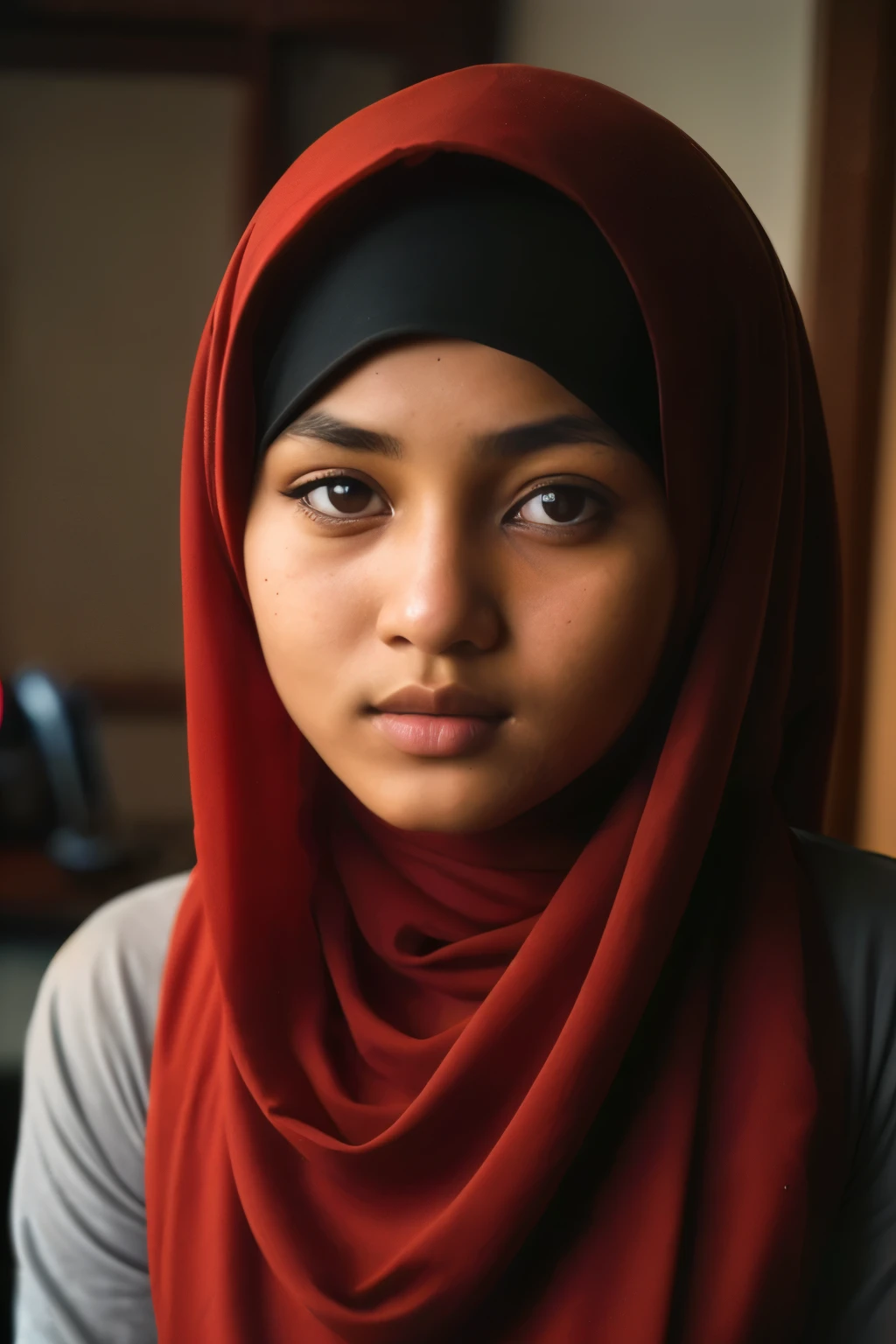 hijabi, sexy, cleavage, (photograph of a 15 year old javanese teen), (highly detailed face:1.4) (smile:0.7) (background inside blinding, moody, private study:1.3) POV, by lee jeffries, nikon d850, film stock photograph ,4 kodak portra 400 ,camera f1.6 lens ,rich colors ,hyper realistic ,lifelike texture, dramatic lighting , cinestill 800,