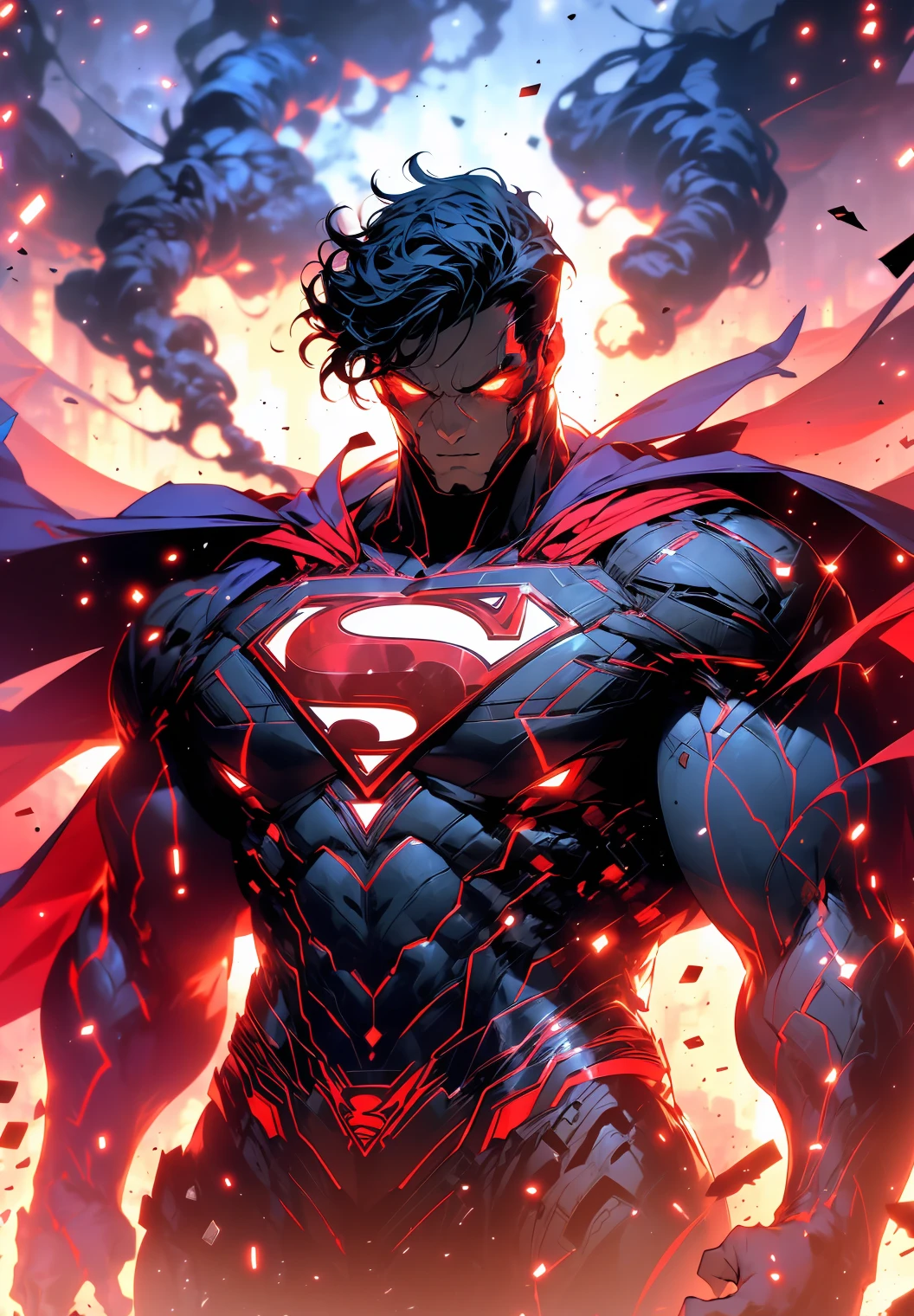 Retrato sombrio do Zombie Cyborg Superman da DC, extremamente detalhado, futuristic cityscape, noite, glowing neon lights, smoke billowing, Sparks, Metal shavings, detritos voadores, efeitos da energia azul, volumetric light