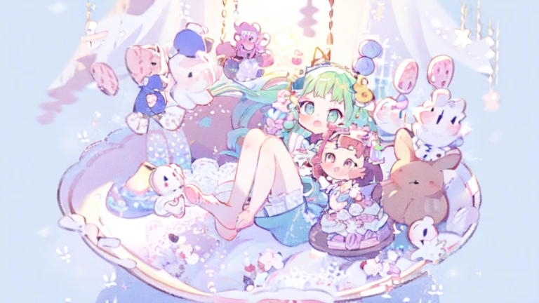 (kiss on the cheek:1.1),(2girls:1.1),Pale pink pupils,Transparent pink ta,whole body,barefoot,lace,cute,pastel colors,fair skin,The skin is delicate and shiny,