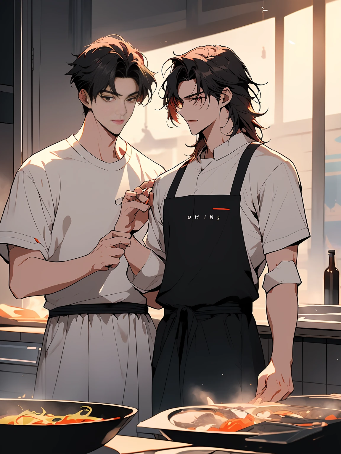 a man standing cooking with his girlfriend, and both are happy, manhwa, male ulzzang, yanjun chengt, handsome chad chin, anime handsome man, secret romance, (good looking ), wearing elegant casual clothes, webtoon, hwang se - on, ( ( god king of ai art ) ), name of the character is chad, webtoons, handsome stunning realistic