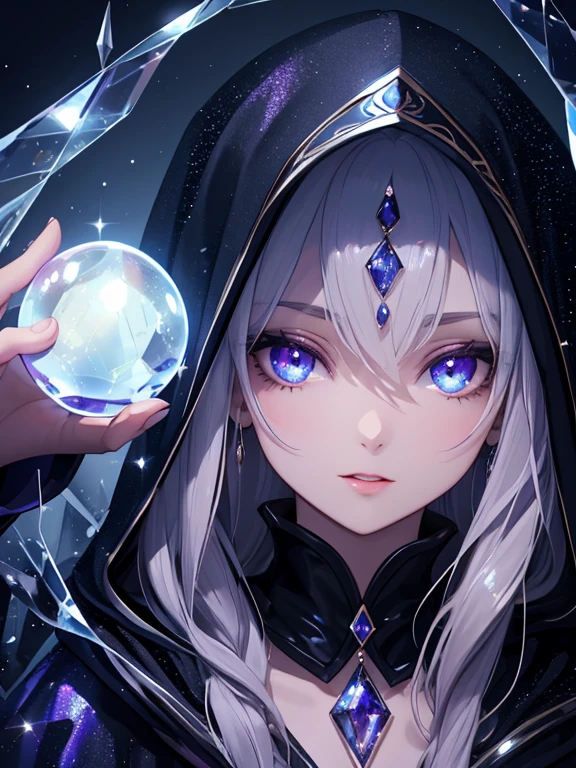 1woman,  female fortune teller, magical crystal ball, dark color hooded cape, super detailed face, translucent skin, sparkly pupil, head shot, close up, half opened mouth glossy lip, vague myst background